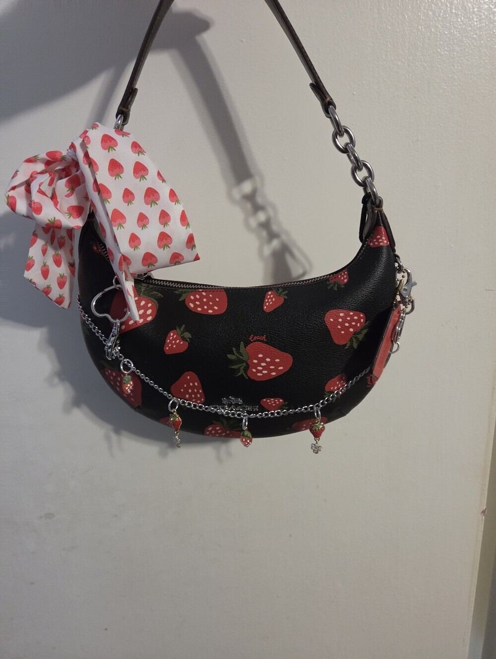 COACH black And Red Strawberry Hobo Shoulder Bag.